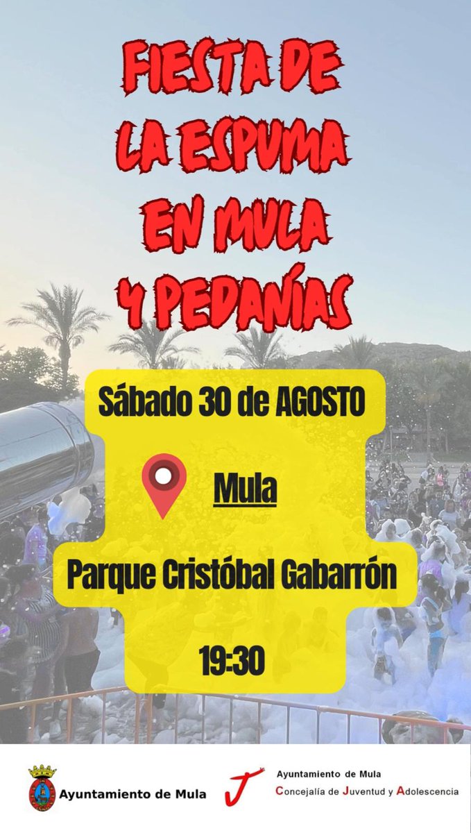 Fiesta de la espuma

La Concejalía de Juventud despide el mes de agosto con una refrescante fiesta de la espuma en el Parque Cristóbal Gabarrón. 

Será este sábado 30 de agosto a partir de las 19:30 horas.

💦 Una actividad refrescante y divertida para toda la familia.