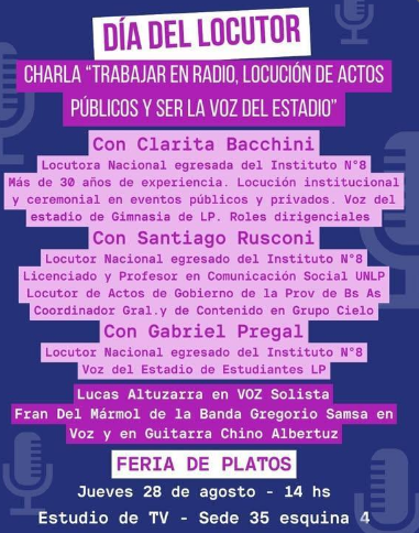 ConsultoraMc's tweet photo. El postergado festejo por el Día del Locutor en el Instituto 8 La Plata, será el próximo jueves 28 a las 14hs,en la sede de 35 y 4. Charla sobre "Trabajar en radio, Locución en actos públicos y ser voz del estadio" con Santiago Rusconi, Gabriel Pregal y @clarabacchini. Cronograma https://t.co/kmQwPbYp5F