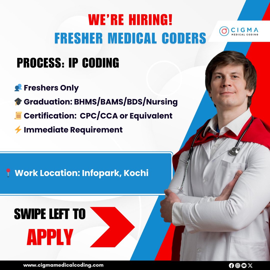 cigmahealthcare's tweet image. Vacancy for Medical Coding Fresher (IP Coding)
An exciting career opportunity awaits!
We are looking for passionate Medical Coding Freshers to join our dynamic team.
Apply Now: cigmamedicalcoding.com/job-vacancies/…
#MedicalCoding #MedicalCodingJobs #MedicalCodingFresher #IPCoding #CPC