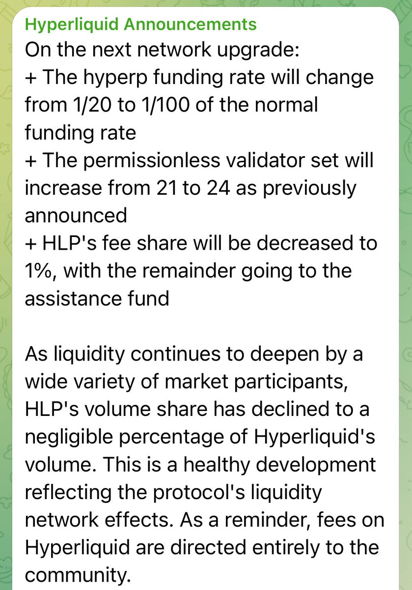 skewga_hyper's tweet image. Just woke up to Jeff &amp;amp; team raising the Assistance Fund buyback from 97% to 99% of fees and increasing the validator set to 24.

A couple thoughts: 

1) Reducing HLP fee share from 3% to 1% should create a marginal flow from HLP TVL into HYPE market cap.

2) The perpetual AF bid…