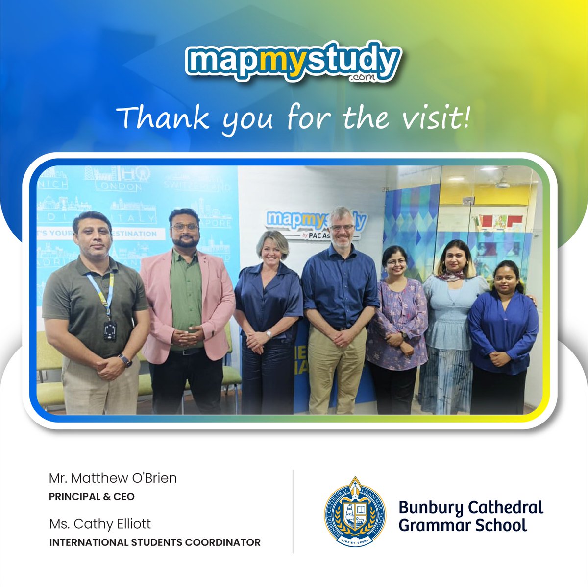 MapMyStudy's tweet image. A heartfelt thank you to Mr. Matthew O’Brien (Principal &amp;amp; CEO) and Ms. Cathy Elliott (International Students Coordinator) from Bunbury Cathedral Grammar School, Australia, for visiting MapMyStudy.
📞 Get in touch with us at 88004-07108
#MapMyStudy  #studyabroad
