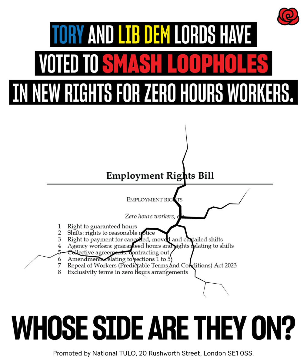 Tory and Lib Dem peers voted to weaken some of the key protections in the Employment Rights Bill ❌

We believe that all workers should have a right to guaranteed hours ✅

Contact your MP to urge them to vote against these amendments ✍️