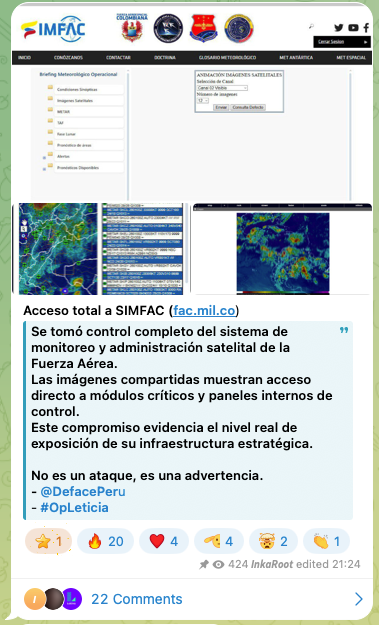 _venarixES_'s tweet photo. El grupo #hacktivista #DefacePeru habría vulnerado el Sistema de Información Meteorológica de la Fuerza Aeroespacial Colombiana 🇨🇴 (@FuerzaAereaCol)...
#SIMFAC es un sistema interno de información meteorológica operado por la Fuerza Aeroespacial Colombiana (#FAC)...
@mindefensa
Monitorea este incidente en #VenariX ➡️ https://t.co/OW9Te2XdwS
#Cyberattack #Colombia #Bogota #infosec #Cybersecurity #ciberataque #Ciberseguridad #AeroSpace #Meteorologicas #aviacion