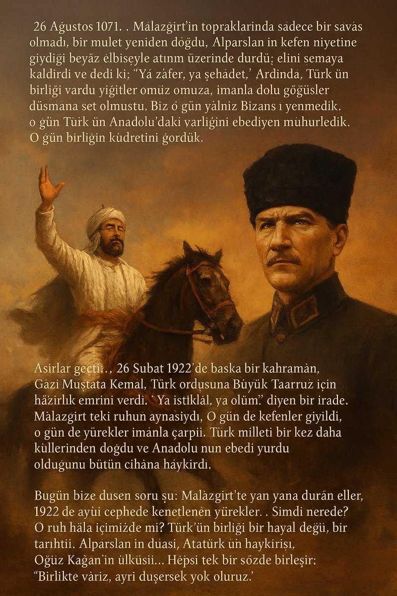 Türk Tarihinin, Türk Milletinin; Zaferlerle Dolu Ağustos Ayı Kutlu Olsun!
#BüyükSelçukluHükümdarıAlparslan
#MalazgirtTürkünZaferi 
#Malazgirt26Ağustos1071
#MalazgirtZaferiKutluOlsun
#BüyükTaaruzun103YılıKutluOlsun
#BüyükTaaruz26Ağustos1922
#MareşalGaziMustafaKemalAtatürk