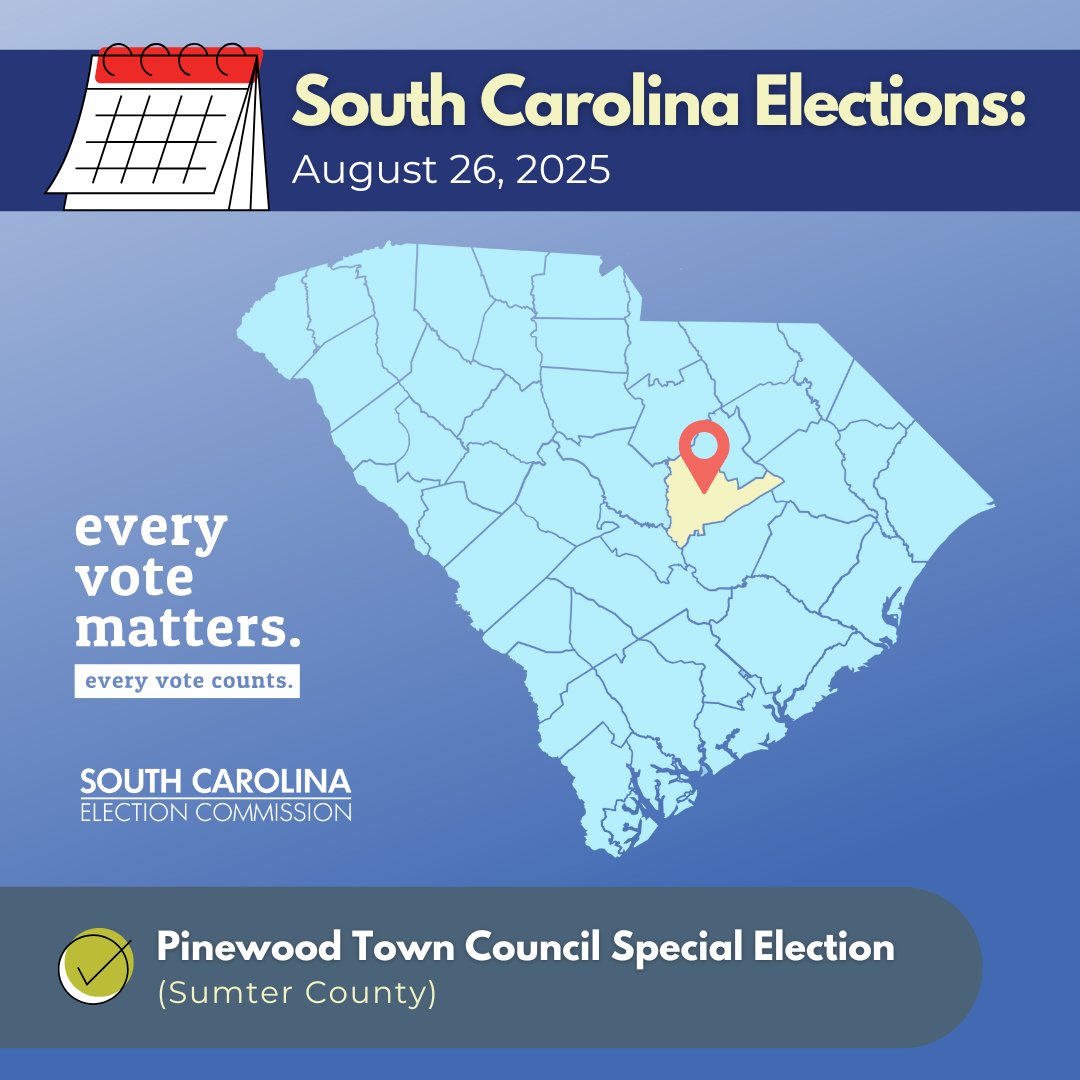 scvotes's tweet image. Good morning voters! Today is #ElectionDay in Sumter county ⬇️

🗳️ Pinewood Town Council Special Election

Polls are open until 7 p.m.

#scVOTES