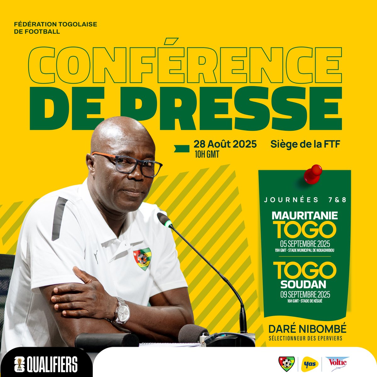 FtfTogolaise's tweet image. 🎙️ Le sélectionneur Dare #Nibombé sera face à la presse ce jeudi au siège de la FTF pour dévoiler la liste des joueurs retenus pour les deux matchs de septembre.
