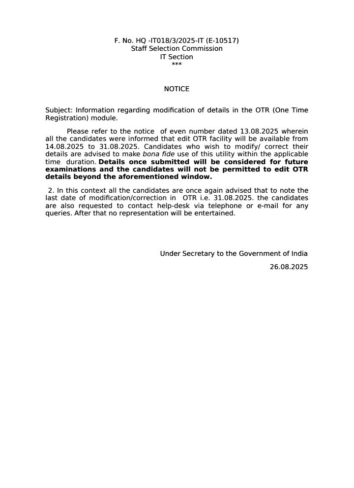 jitendermeena93's tweet image. Latest SSC Update⚡️: 

Information regarding modification of details in the OTR (One Time Registration) module
#SSC_System_Sudharo #SSCVendorFailure
