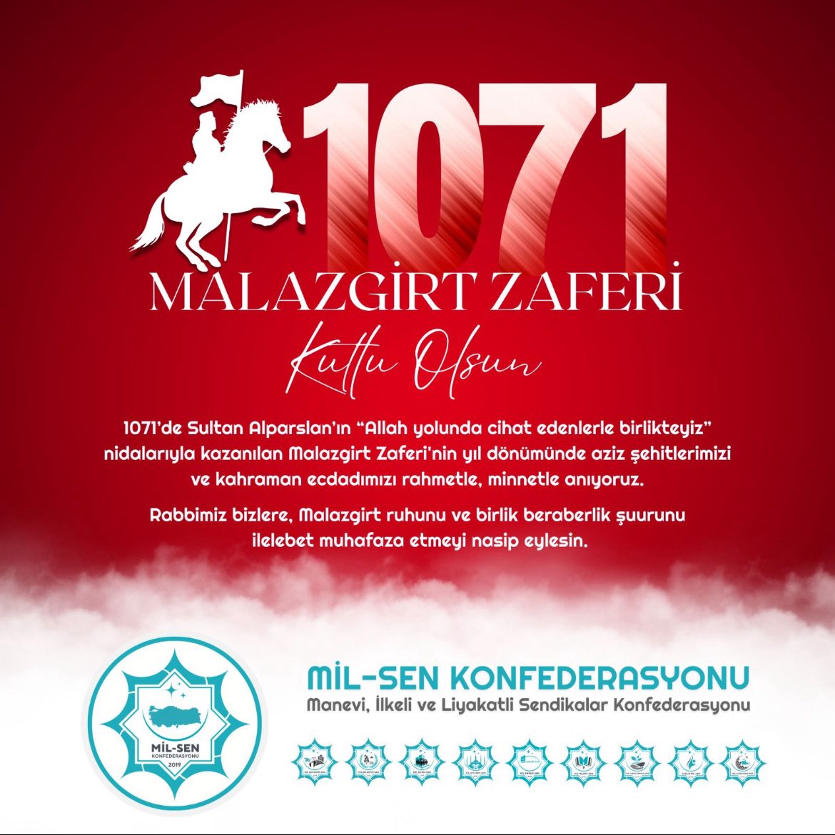 1071’de Sultan Alparslan’ın “Allah yolunda cihat edenlerle birlikteyiz” nidalarıyla kazanılan Malazgirt Zaferi'nin yıl dönümünde aziz şehitlerimizi ve kahraman ecdadımızı rahmetle, minnetle anıyoruz. 
#MaarifSen #MilSen