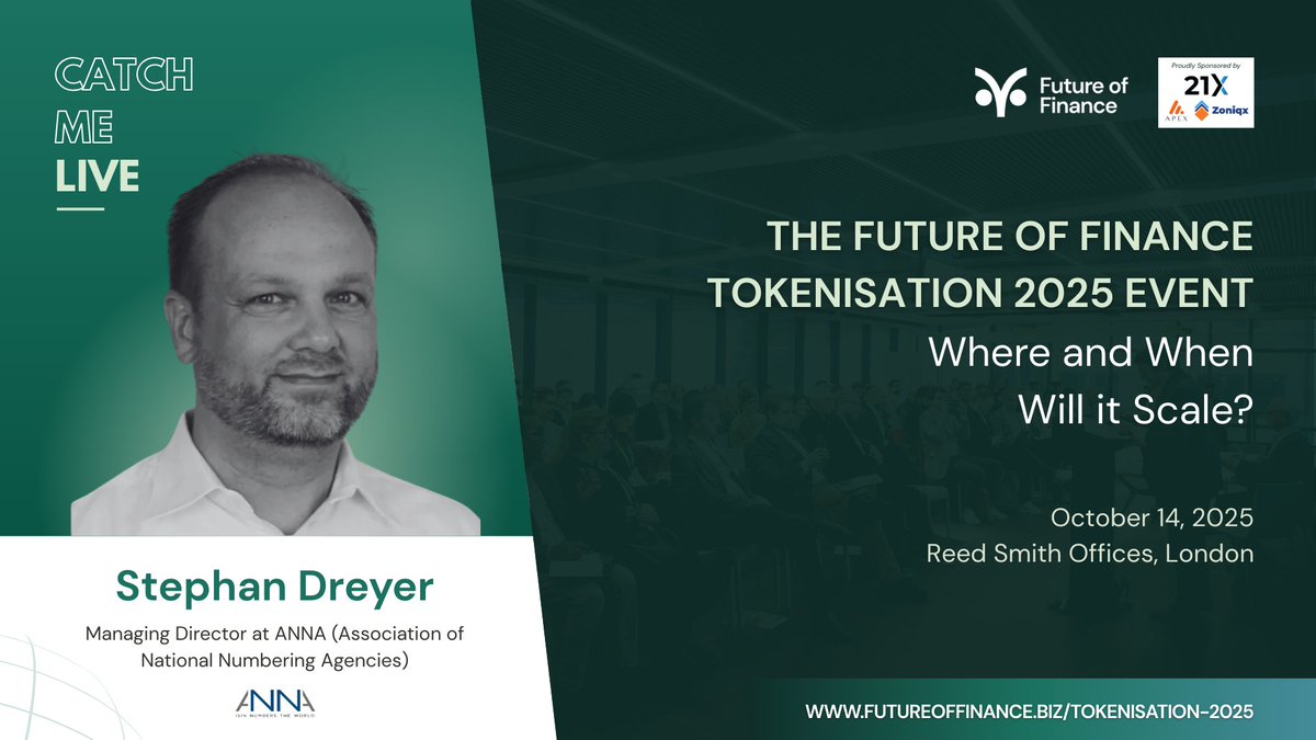 Association of National Numbering Agencies (ANNA) (@anna_isin) on Twitter photo 🗣️Excited to share that our MD <a href="/StephanDreyer5/">Stephan Dreyer</a> will be speaking at <a href="/FutureofFinanc3/">Future of Finance (FOF)</a> Tokenisation 2025: Where and When Will it Scale?
The event is taking place in London on 14 October.
🔗 Find out more and register here: futureoffinance.biz/tokenisation-2… 🗣️Excited to share that our MD <a href="/StephanDreyer5/">Stephan Dreyer</a> will be speaking at <a href="/FutureofFinanc3/">Future of Finance (FOF)</a> Tokenisation 2025: Where and When Will it Scale?
The event is taking place in London on 14 October.
🔗 Find out more and register here: futureoffinance.biz/tokenisation-2…