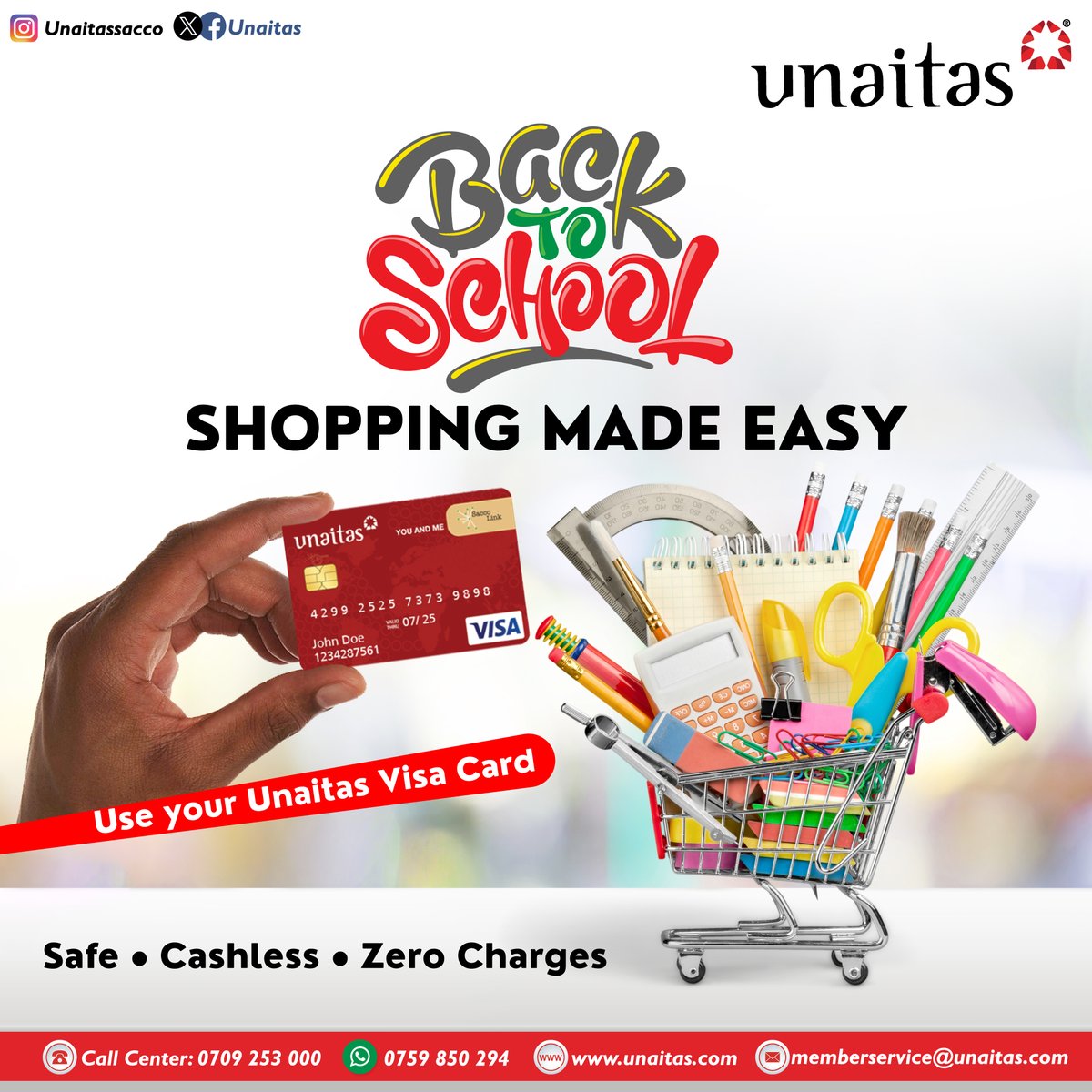 Back-to-school just got better! Shop with your Unaitas Visa Card, enjoy zero transaction charges and stand a chance to win. From today to 5th Sept 2025, members who spend KES 1,000+ stand a chance to win KES 500 cashback. Shop with your card today.
#UnaitasYouandMe #BackToSchool