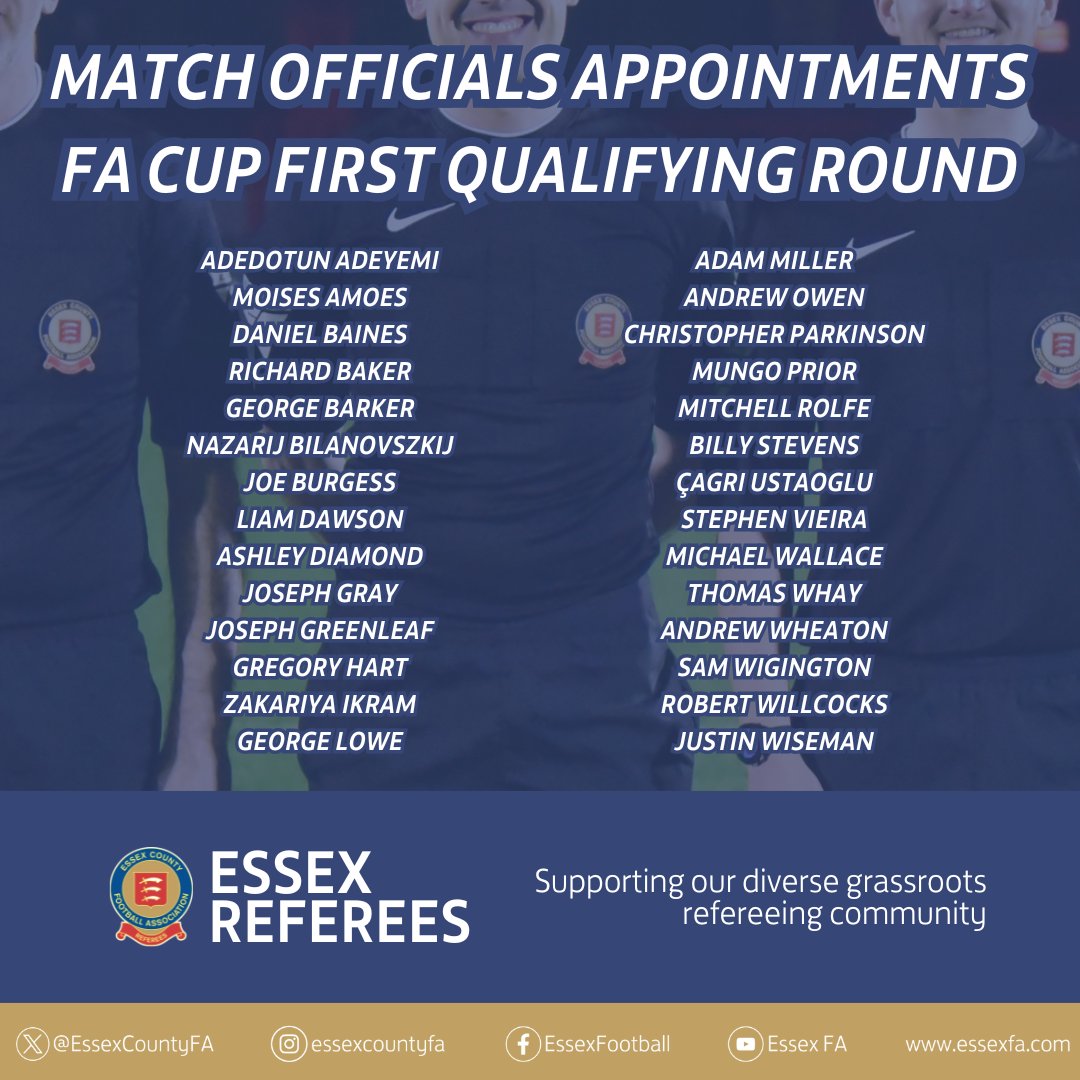 Essex Referees (@essexreferees) on Twitter photo 2⃣8⃣ of our match officials have been appointed by <a href="/FARefereeing/">FA Refereeing</a> to the First Qualifying Round of the <a href="/EmiratesFACup/">Emirates FA Cup</a>.
Congratulations to each match official on their appointment and all the best for this weekend 💪 2⃣8⃣ of our match officials have been appointed by <a href="/FARefereeing/">FA Refereeing</a> to the First Qualifying Round of the <a href="/EmiratesFACup/">Emirates FA Cup</a>.
Congratulations to each match official on their appointment and all the best for this weekend 💪