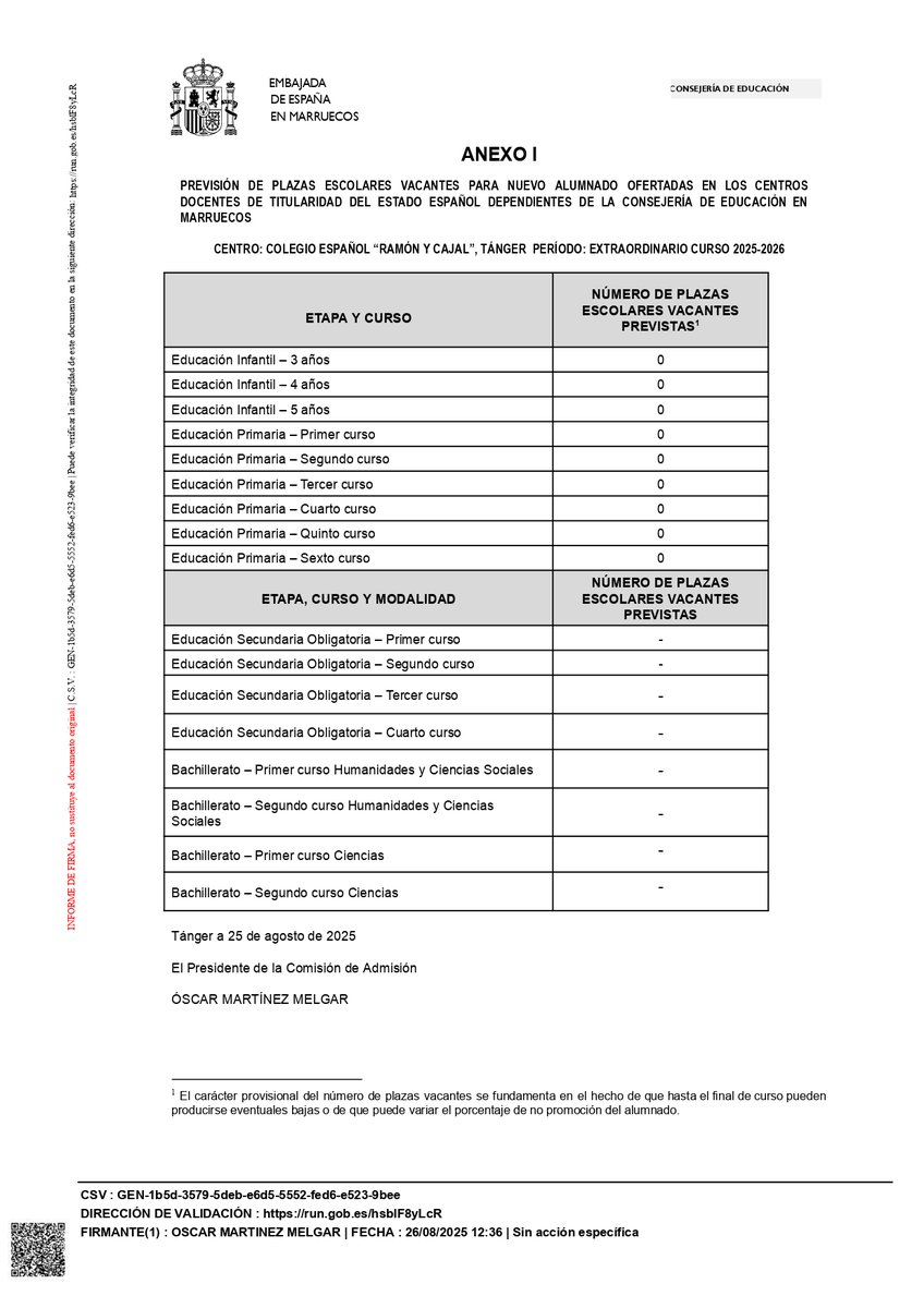 Os informamos que no oferamos vacantes para el periodo extraordinario de admisión.

<a href="/ConsejeriaEduc1/">Consejería Educación Marruecos</a> <a href="/ampatangerRyC/">AMPA Colegio Ramón y Cajal - Tánger</a>