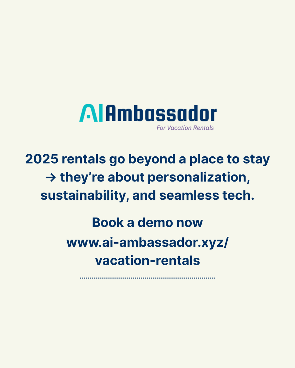 ai_ambassador_'s tweet image. 🏡 2025 Short-Term Rental Trends:
 🤖 AI-powered experiences
 🌱 Sustainable stays
 📅 Flexible booking
 💼 Workcations
 🎶 Curated add-ons
📅 Ready to adapt? Book your demo today!
#VacationRental #SmartHosting #AIForHosts #TechForHosts #GuestExperience