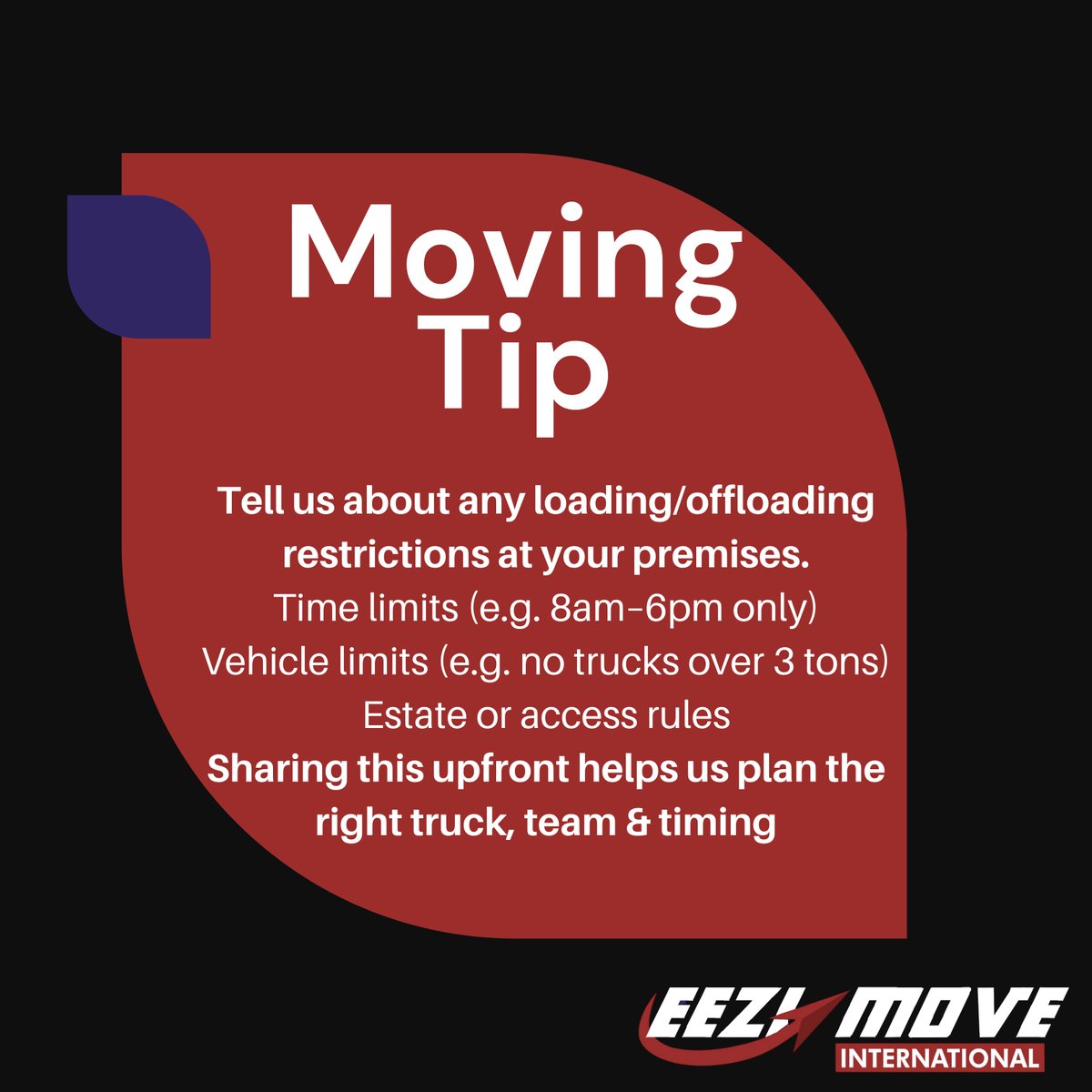 Eezi_Move_'s tweet image. If your estate or road has restrictions, like set times
for moving or truck size limits, let us know before the
big day. That way, we can plan ahead and make your move smooth &amp;amp; stress-free!

#furnitureremovals #Shareload #shareloads #movinghome #Moving #relocation #movingcompany