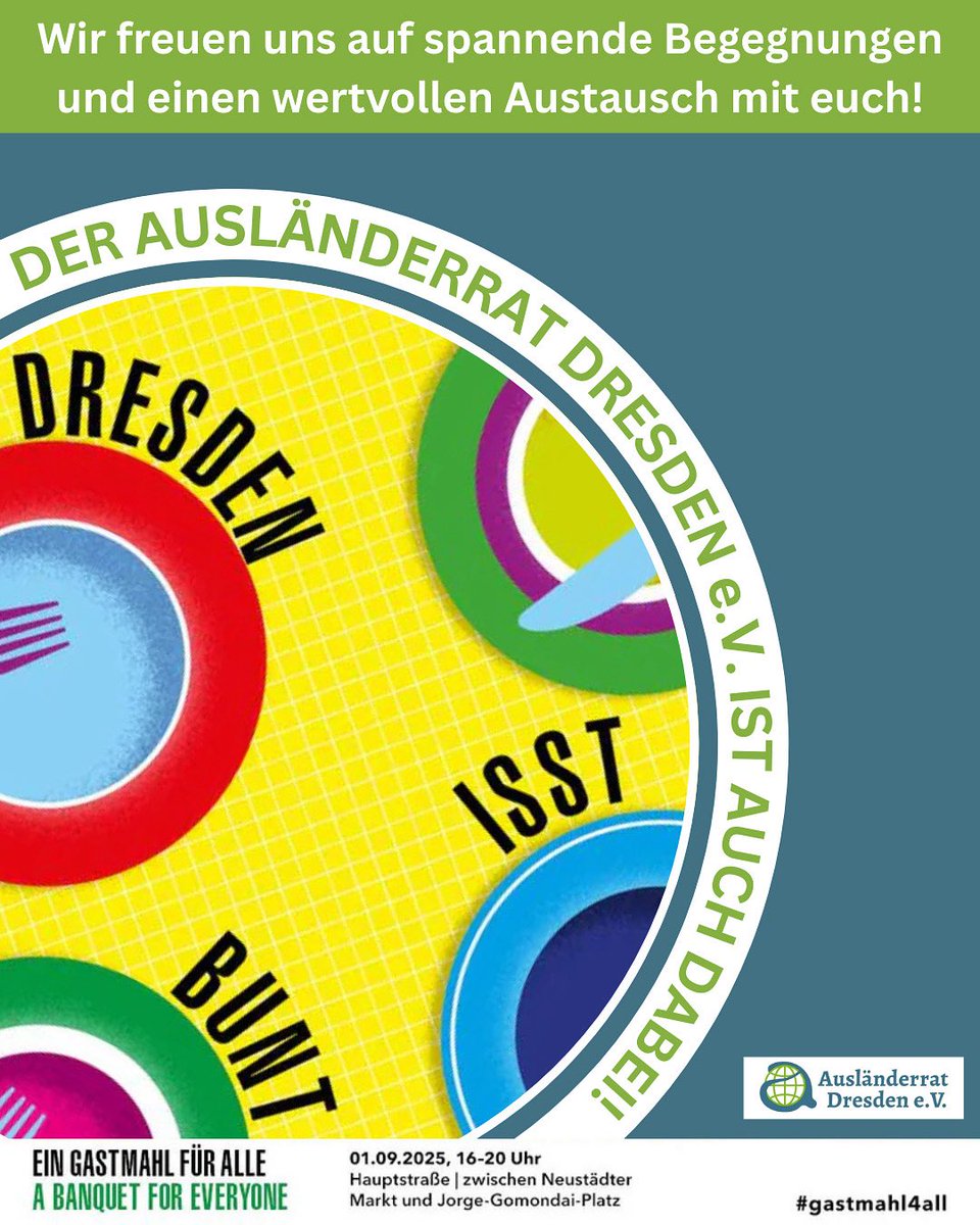 Am 1.9. 2025 von 16–20 Uhr heißt es wieder: Gastmahl für alle – Dresden is(s)t bunt! 🎉
Wir sind mit Tisch 40 dabei (rechts von der Heinrichstraße / Bäckerei Dreißig).
👉 Freut euch auf Bastel- &amp; Spielangebote, Leckereien &amp; Getränke.
#DresdenIstBunt #Gastmahl #Vielfalt