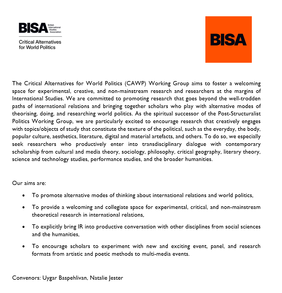 BISA Critical Alternatives for World Politics (@cawpbisa) on Twitter photo 🎆We are incredibly excited to launch <a href="/MYBISA/">BISA - British International Studies Association</a>'s new working group: Critical Alternatives for World Politics (CAWP)! CAWP aims to foster a collegiate space for creative, experimental, and non-mainstream research in IR 🎉Follow us on here and join us at: bisa.ac.uk/members/workin… ! 🎆We are incredibly excited to launch <a href="/MYBISA/">BISA - British International Studies Association</a>'s new working group: Critical Alternatives for World Politics (CAWP)! CAWP aims to foster a collegiate space for creative, experimental, and non-mainstream research in IR 🎉Follow us on here and join us at: bisa.ac.uk/members/workin… !