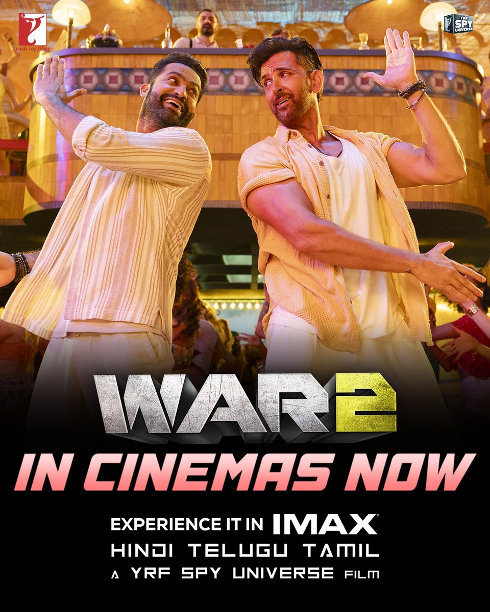 Yash Raj Films (@yrf) on Twitter photo Entertainment at its peak! 💯
Don’t miss #War2 in cinemas near you in Hindi, Telugu and Tamil. Book your tickets now! link.district.in/DSTRKT/pwar2 | bookmy.show/War2
<a href="/iHrithik/">Hrithik Roshan</a> | <a href="/tarak9999/">Jr NTR</a> | <a href="/advani_kiara/">Kiara Advani</a> | #AyanMukerji | #YRFSpyUniverse Entertainment at its peak! 💯
Don’t miss #War2 in cinemas near you in Hindi, Telugu and Tamil. Book your tickets now! link.district.in/DSTRKT/pwar2 | bookmy.show/War2
<a href="/iHrithik/">Hrithik Roshan</a> | <a href="/tarak9999/">Jr NTR</a> | <a href="/advani_kiara/">Kiara Advani</a> | #AyanMukerji | #YRFSpyUniverse