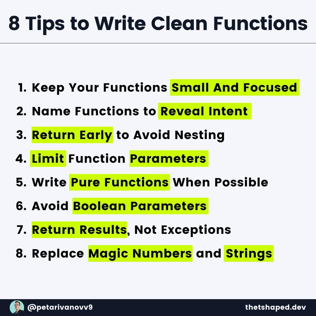 petarivanovv9's tweet image. If you want to get better at writing clean code,
learn these 8 tips on writing clean functions:

#CleanCode