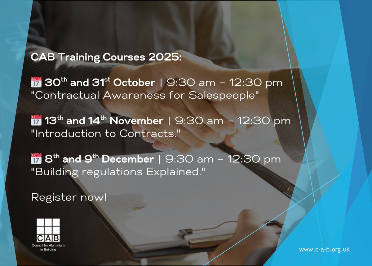 CAB are pleased to offer dates for our Contract Law and Commercial Training courses. 
 
Click here for more detailed information on each course and to download the enrolment form - ow.ly/Ir0A50WJrjO
 
#TrainingCourses #CAB_Member