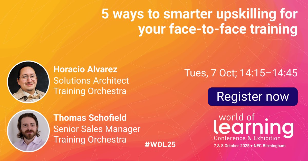 TrainingOrc's tweet image. Join us at World of Learning!
📍 Seminar Theatre 3
📅 Tuesday, October 7th | 🕒 14:15–14:45

📣5 Ways to Smarter Upskilling for Your Face-to-Face Training

#WorldOfLearning #Upskilling #LearningAndDevelopment #vILT #WorkforceTraining #TMS