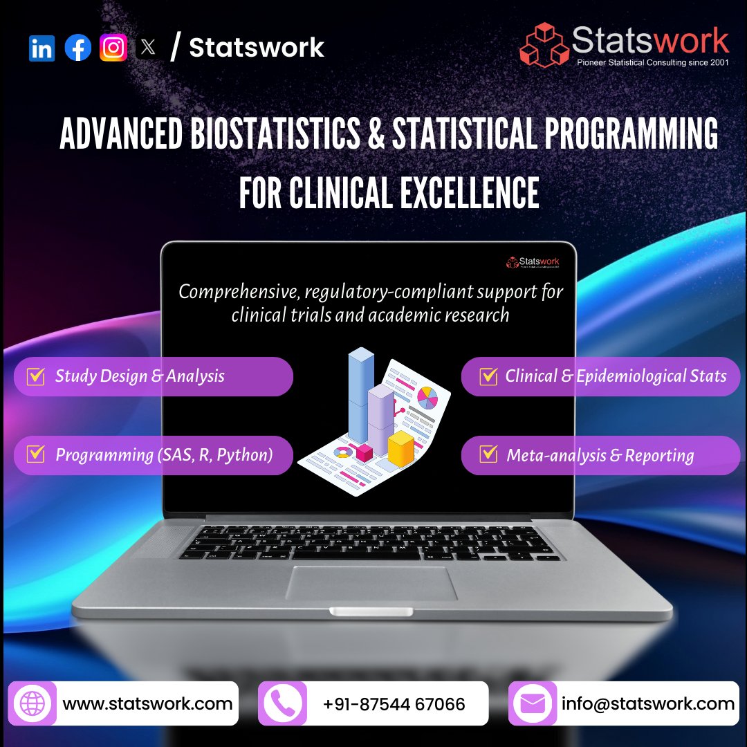 Statswork's tweet image. Advance your research with expert statistical programming & biostatistics consulting. SAS, R & clinical trial analysis tailored for healthcare & pharma. 🔗 statswork.com/services/stati…
.
.
#Biostatistics #ClinicalData #SASProgramming #RStats #PharmaResearch