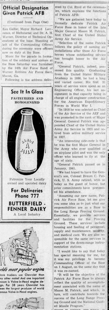 Seventy-five years ago today (26 Aug 1950), an official dedication ceremony renamed the Long Range Proving Ground Base to Patrick Air Force Base! The base was named in honor of Maj Gen Mason M. Patrick, the first Chief of the U.S. Army Air Service.
<a href="/ccspacemuseum/">Cape Canaveral Space Force Museum</a>