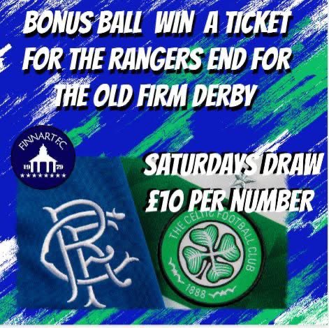 In it to win it £10 a number on this Saturday's bonus ball win it and you are taking in the game in the rangers end !! 
Payment details 

Name: Brian Blair
Account number: 03930766
Sort code: 04-00-04