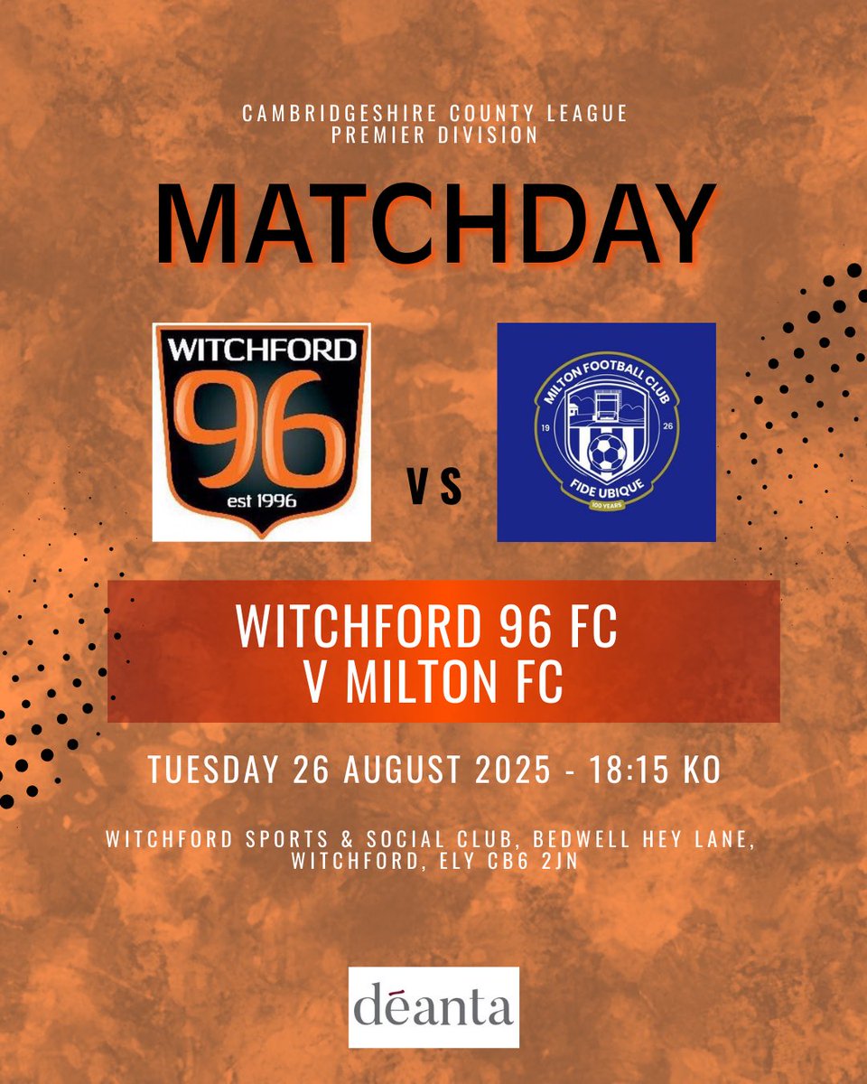 First home game of the season

vs <a href="/miltonfc_/">Milton Football Club</a> 
📆 26/08/2025
📍 Witchford Rec
🏆 Cambs Prem Division
⏱️ 18:15 ko

W96 FC Match Sponsors <a href="/DeantaUK/">Deanta</a> 
🟠🌑

Come down and support the lads