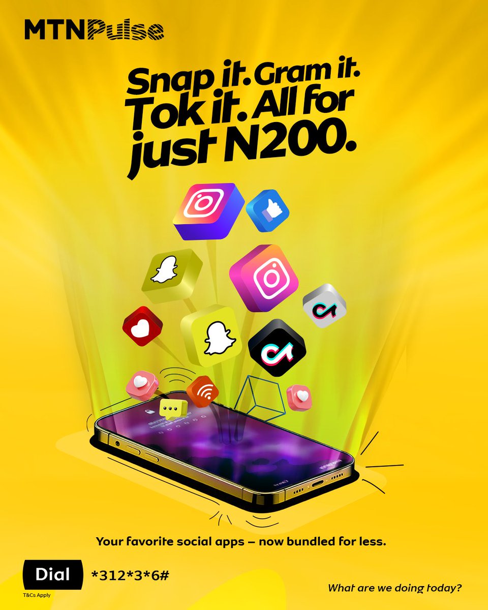 MTNNG's tweet image. Why choose one when you can have it ALL? 

Get your fave social apps in ONE bundle for just ₦200. 

Dial *312*3*6# to jump in now.

#MTNPulseStreamBundle
#StayConnected