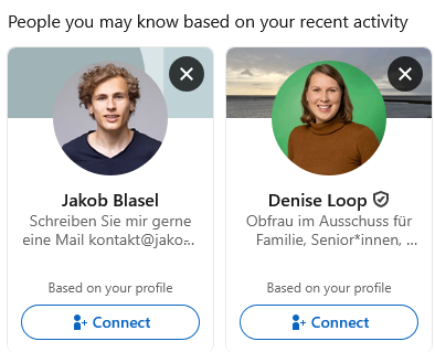 .<a href="/LinkedIn/">LinkedIn</a> hat mir schon mehrfach sowas angezeigt. 

Immer aus dem Umfeld einer Partei, mit der ich sicher nicht interagiert habe.

Offiziell kommt man da mit Werbung nicht rein, sondern "das macht nur der Algorithmus". Kennt jemand den Trick, der hier Anwendung findet? 🧐