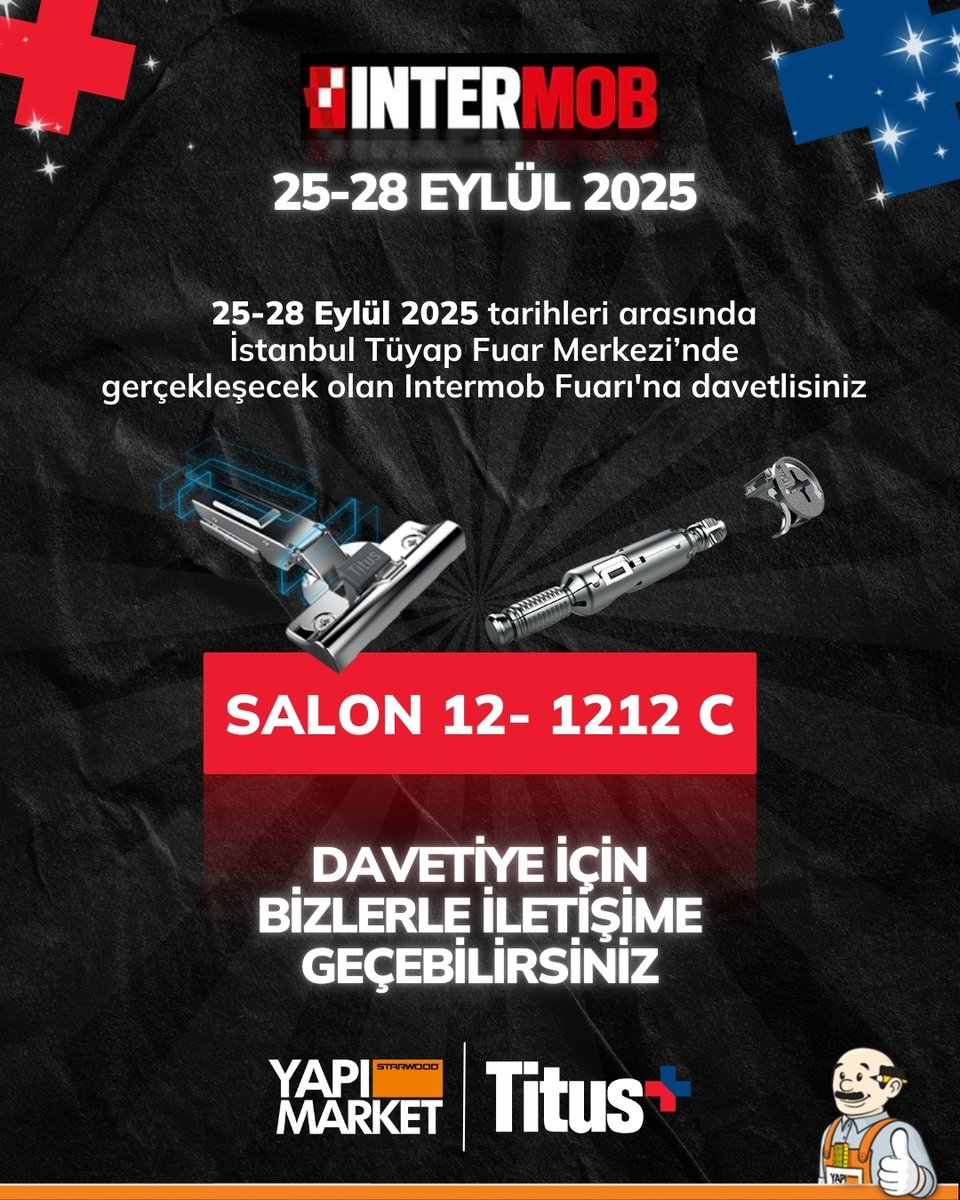 Büyük buluşmaya hazır mısınız? ✨ Starwood Yapı Market ve Titus güçlerini birleştirdi, Intermob 2025 Fuarı'ndaki yerini aldı! Yenilikleri yakından görmek ve ekibimizle tanışmak için sizi de bekliyoruz. 🗓️ Tarih: 25-28 Eylül 2025 📍 Konum: İstanbul Tüyap Fuar Merkezi 👋 Bizi