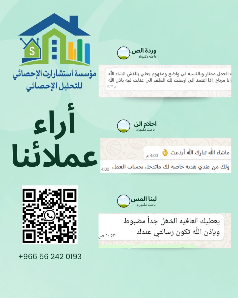 consultstatist1's tweet photo. **ردود عملائنا هي مرآة تعكس جودة خدماتنا 
نسعى باستمرار إلى التطوير وتقديم الأفضل لكم، عبر كادر متخصص في مختلف التخصصات الإنسانية والعلمية.
📲 للتواصل المباشر عبر الواتساب
https://t.co/Ceo2ILbf0M
#الرياض #مكة #المدينة  #الباحة 
 #اعلانك_ترند_θ5592θ9593 https://t.co/nchhYLE5RX