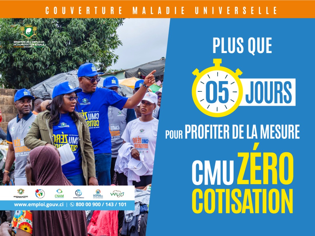 ⏰ J-5!
Il ne vous reste plus que 5 jours pour profiter de la mesure exceptionnelle CMU ZÉRO COTISATION !

Faites-vous enrôler gratuitement dès maintenant pour bénéficier de la Couverture Maladie Universelle sans payer de cotisation jusqu'au 31 août.
