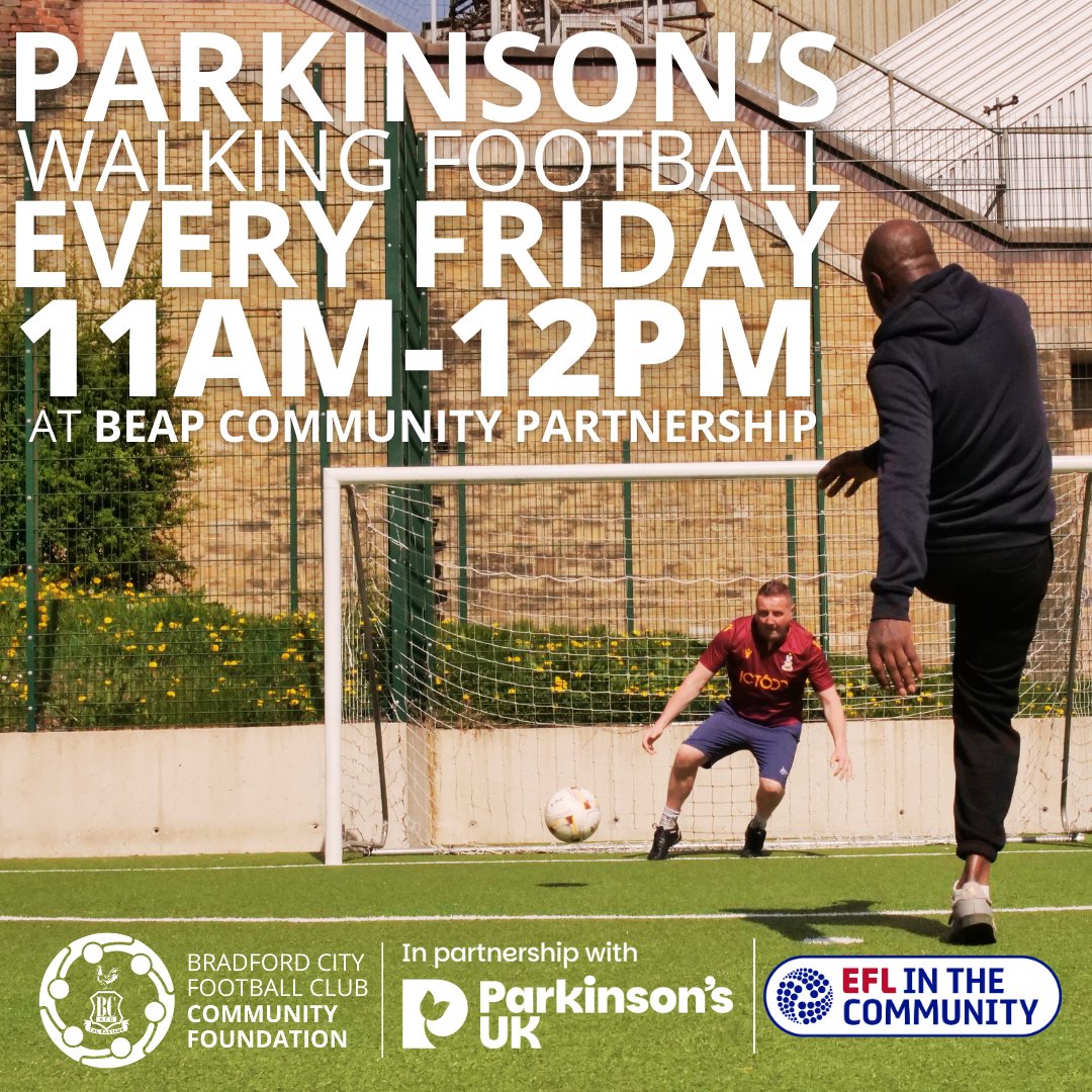 Bradford City FC Community Foundation (@bcafc_cf) on Twitter photo Join our #Parkinsons #WalkingFootball session at <a href="/beap_c/">BEAP Community</a> this Friday 👇
It's completely free to attend, with sessions delivered by our qualified coaches ⚽️
More and register: bit.ly/3JGS0Dq
Supported by <a href="/ParkinsonsUK/">Parkinson's UK</a> and <a href="/EFL_Community/">EFL in the Community</a> 🤝
#BCAFC | <a href="/officialbantams/">Bradford City AFC</a> Join our #Parkinsons #WalkingFootball session at <a href="/beap_c/">BEAP Community</a> this Friday 👇
It's completely free to attend, with sessions delivered by our qualified coaches ⚽️
More and register: bit.ly/3JGS0Dq
Supported by <a href="/ParkinsonsUK/">Parkinson's UK</a> and <a href="/EFL_Community/">EFL in the Community</a> 🤝
#BCAFC | <a href="/officialbantams/">Bradford City AFC</a>