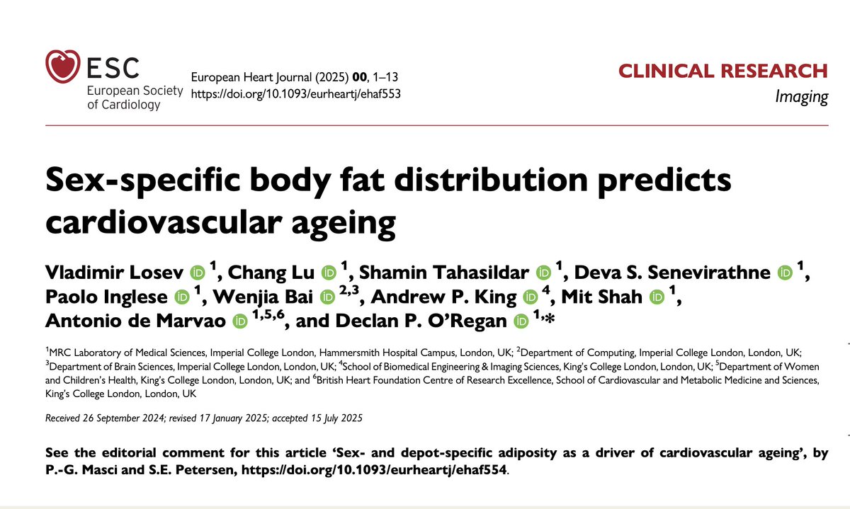 Sex-specific body fat distribution predicts cardiovascular ageing: <a href="/ESC_Journals/">European Society of Cardiology Journals</a> 

🥸 Cardiovascular #Aging and imaging! 

👇👇👇