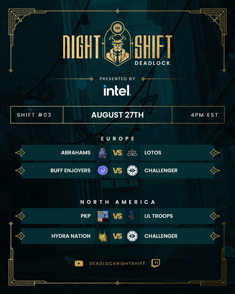Deadlock Night Shift (@dlnightshift) on Twitter photo We're adding more heroes than just Doorman and Paige to your next Shift. We're proud to announce that <a href="/IntelGaming/">Intel Gaming</a> is powering Deadlock competition once again starting this week! Catch all the action as it kicks off this Wednesday @ 10 PM CEST / 4 PM EST We're adding more heroes than just Doorman and Paige to your next Shift. We're proud to announce that <a href="/IntelGaming/">Intel Gaming</a> is powering Deadlock competition once again starting this week! Catch all the action as it kicks off this Wednesday @ 10 PM CEST / 4 PM EST