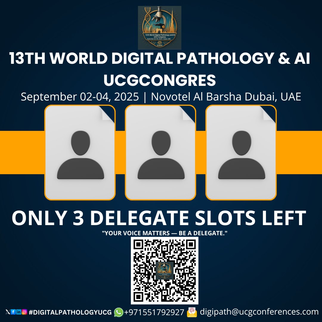 ONLY 3 DELEGATE SLOTS LEFT! Tomorrow Deadline Join the 13th World Digital Pathology &amp; AI UCG Congress from September 02–04, 2025 in Novotel Al Barsha, Dubai, UAE. 

Register …lpathology.utilitarianconferences.com/discounted-reg… 
WhatsApp Us: wa.me/+971551792927

#DigitalPathologyUCG #DigitalPathology