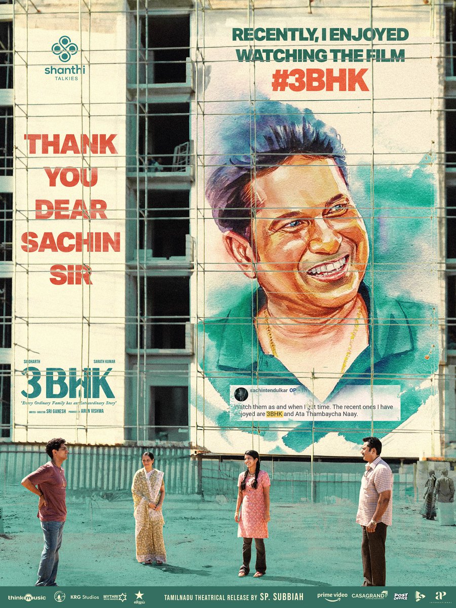 Shanthi Talkies (@shanthitalkies) on Twitter photo Appreciation from THE GOAT himself!
Truly a moment to cherish for our entire #3BHK team!
We are overwhelmed that you enjoyed our film <a href="/sachin_rt/">Sachin Tendulkar</a> sir ❤️
#Siddharth <a href="/realsarathkumar/">R Sarath Kumar</a> <a href="/sri_sriganesh89/">Sri Ganesh</a> #Devayani <a href="/RaghunathMeetha/">Meetha Raghunath</a> <a href="/Chaithra_Achar_/">Chaithra Achar</a> <a href="/iYogiBabu/">Yogi Babu</a> <a href="/iamarunviswa/">arun Viswa</a> Appreciation from THE GOAT himself!
Truly a moment to cherish for our entire #3BHK team!
We are overwhelmed that you enjoyed our film <a href="/sachin_rt/">Sachin Tendulkar</a> sir ❤️
#Siddharth <a href="/realsarathkumar/">R Sarath Kumar</a> <a href="/sri_sriganesh89/">Sri Ganesh</a> #Devayani <a href="/RaghunathMeetha/">Meetha Raghunath</a> <a href="/Chaithra_Achar_/">Chaithra Achar</a> <a href="/iYogiBabu/">Yogi Babu</a> <a href="/iamarunviswa/">arun Viswa</a>