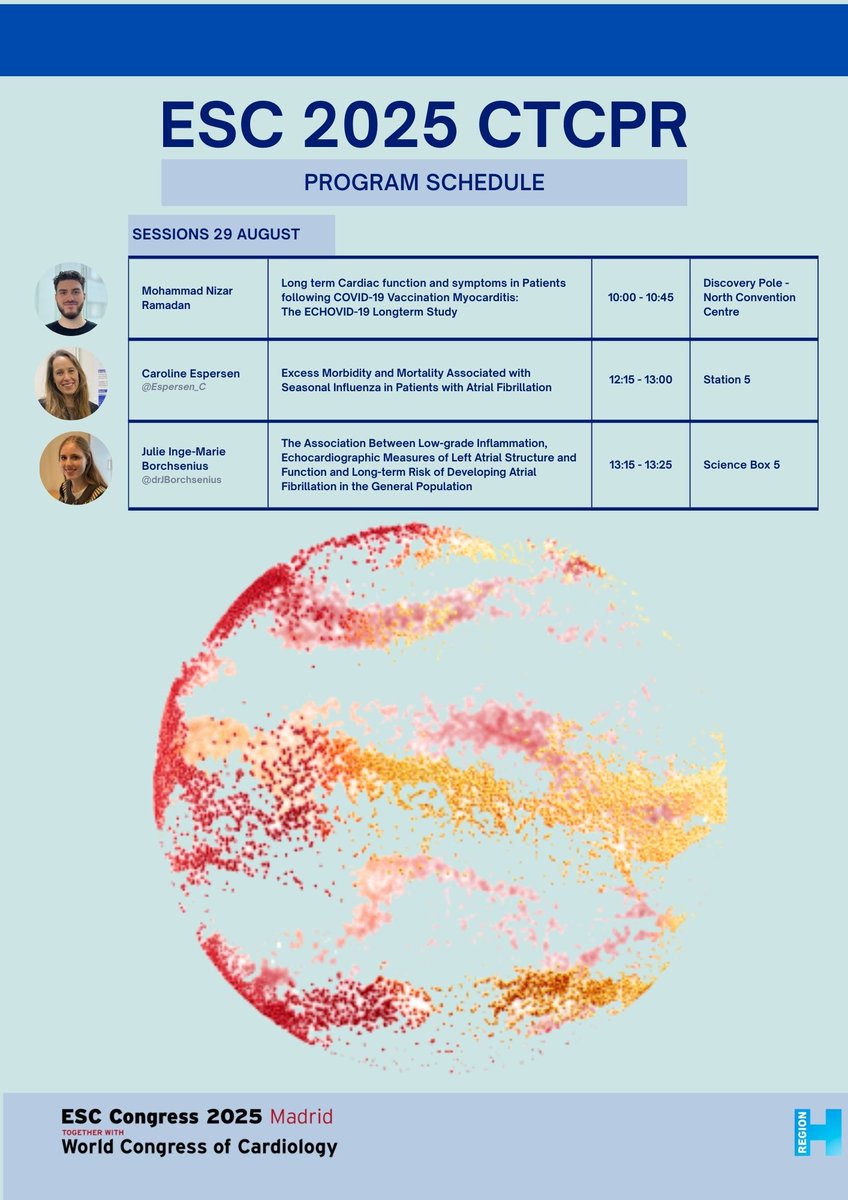 Come and hear about the latest science from <a href="/CTCPR_/">CTCPR Trials & CIRL</a>  at #ESCcongress 
Researchers from <a href="/CTCPR_/">CTCPR Trials & CIRL</a> will present 32 abstracts including 2 late-breaking RCT presentations – And publish several simultaneous publications. 
STAY TUNED! 👉 See our 4-day program below –  Friday´s highlights