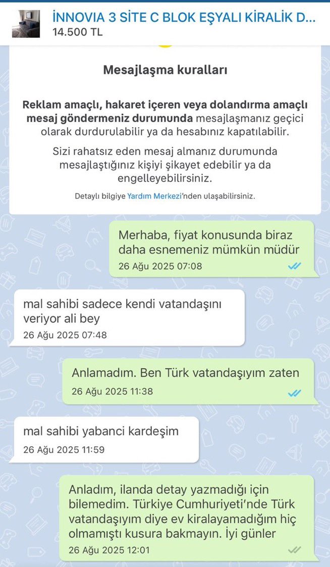 İstanbul Esenyurt’ta daire kiralamak isteyen bir takipçimiz, "Türk" olduğu için evi kiralayamadı.

Emlakçı: "Mal sahibi yabancı, sadece kendi vatandaşına veriyor."