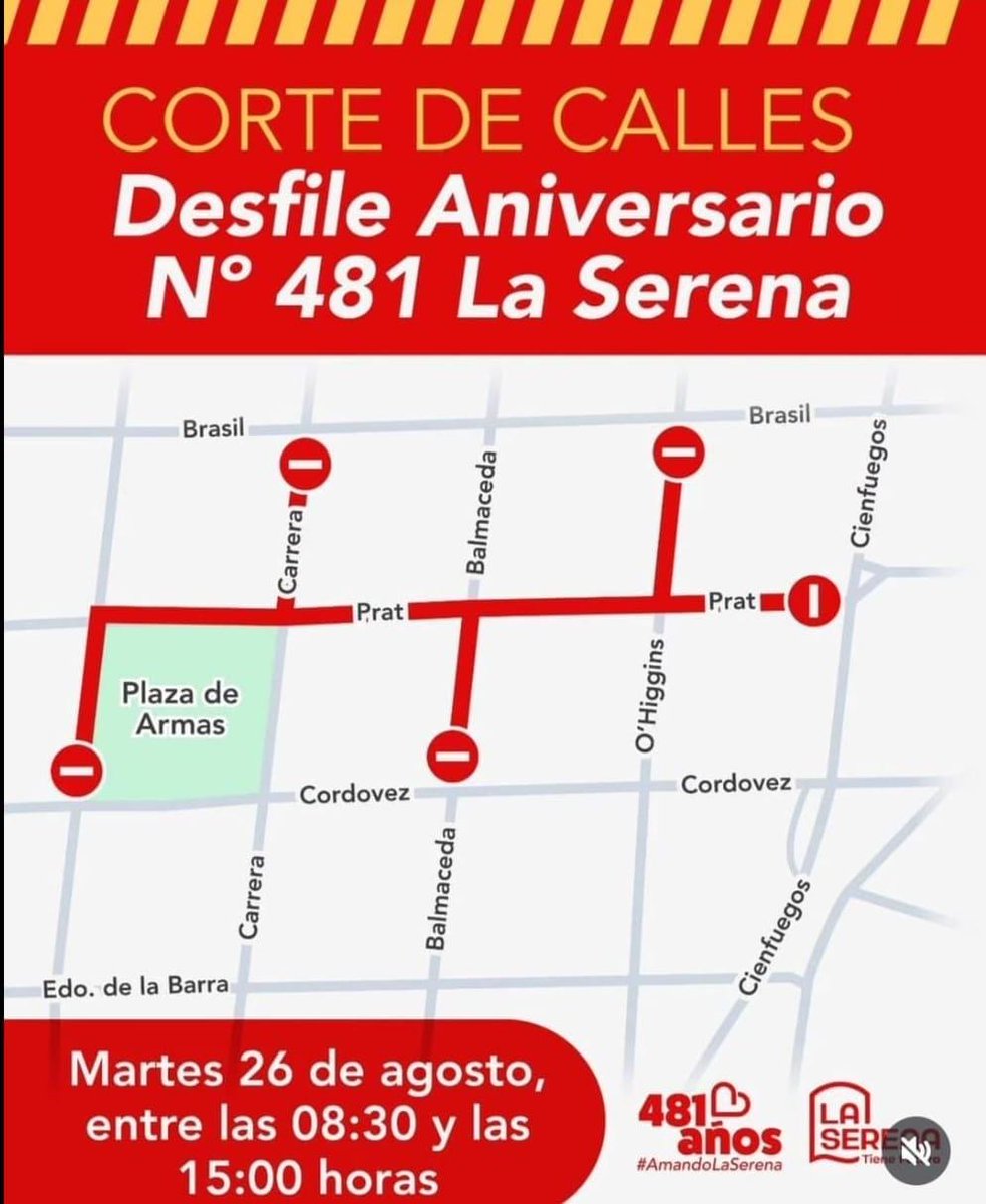 redcomunales's tweet photo. 🚧 #CorteDeCalles en el centro de #LaSerena por aniversario 481° desde la fundación de la segunda ciudad más antigua de #Chile
👉🏼 Planifique y considere alternativas si tiene que ir al centro entre las 08:30 y 15:00 horas.
#Elqui #redcomunales https://t.co/ILWDxAmO0s