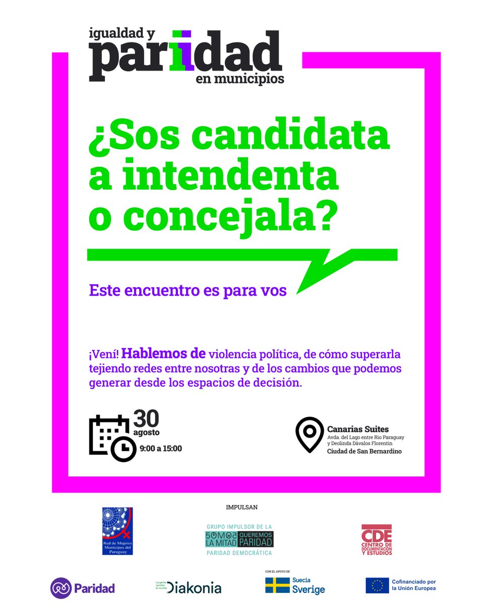 📢 𝗔𝘁𝗲𝗻𝗰𝗶ó𝗻 𝗺𝘂𝗷𝗲𝗿𝗲𝘀 𝗽𝗼𝗹í𝘁𝗶𝗰𝗮𝘀
¿Te estas preparando para las próximas elecciones municipales?
¿Ya sos parte de un gobierno municipal?
¡Este encuentro es para vos!
Inscribite: forms.gle/6k9dv7zpizZf4D…