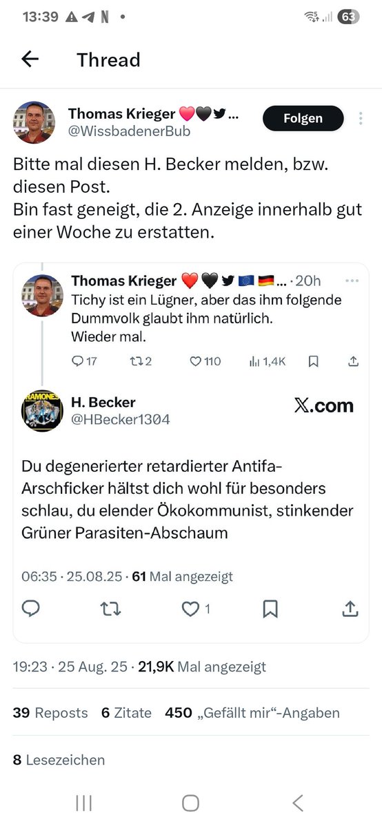 Zweifelsohne hat #ThomasKrieger recht, auch ich finde diesen Antwortpost ekelhaft, aber hier wäre auch mal eine Selbstteflektion seiner Posts notwendig, die auch bisweilen grenzwertig sind.