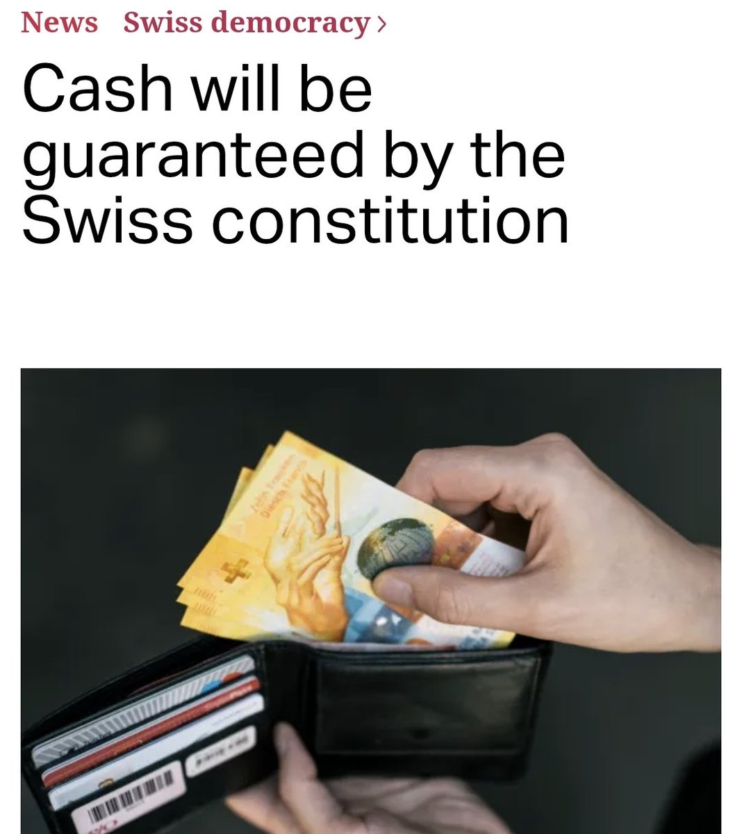 Les Suisses jouissent désormais d'un nouveau droit inscrit dans leur Constitution : celui d'utiliser l'argent liquide. Ce pays ne cesse de nous montrer le bon exemple.

swissinfo.ch/eng/swiss-demo…
