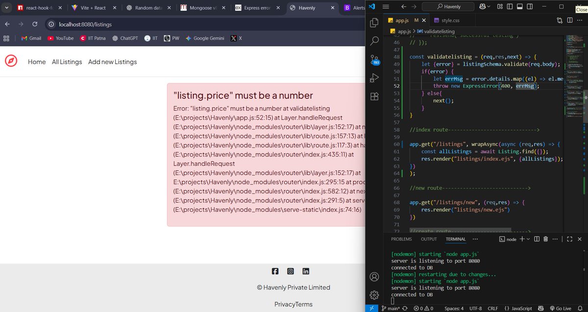 0xkaavyy's tweet image. Day 36 #WebDevelopment [6-hour session]
1. Learned error handling in middleware
2. Worked on main project:
- Client-side form validation
- Server-side error handling, schema validation, and redirecting to an error page
 #ExpressJS #Backend #FullStack #100DaysOfCode #BuildInPublic