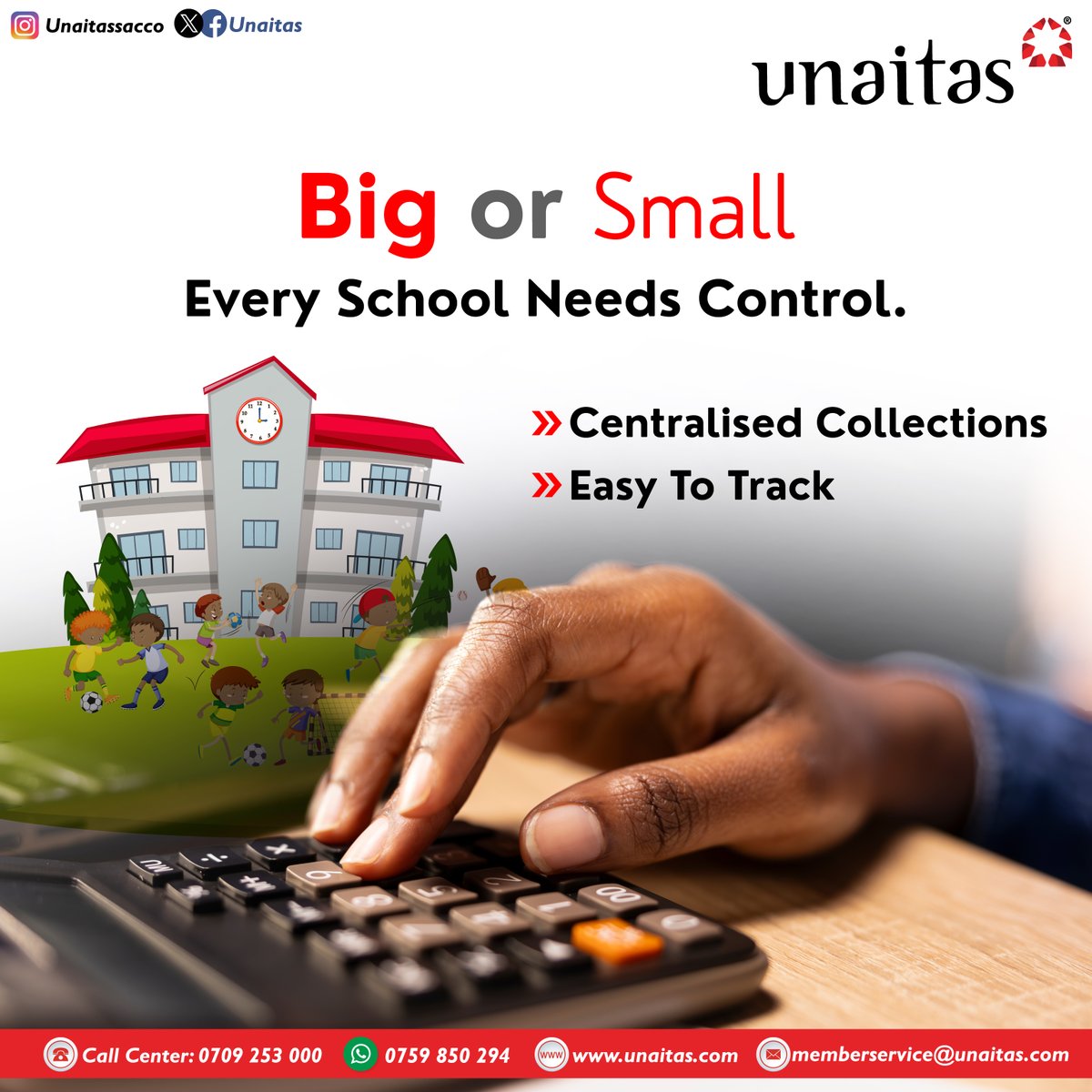 Big or small, every school deserves better banking.  Whether you have 50 pupils or 1,000, a Unaitas Institution Account gives you the flexibility and reliability to manage your school’s money with ease.

Enjoy free cash deposits, seamless fee collection through Lipa na Unaitas