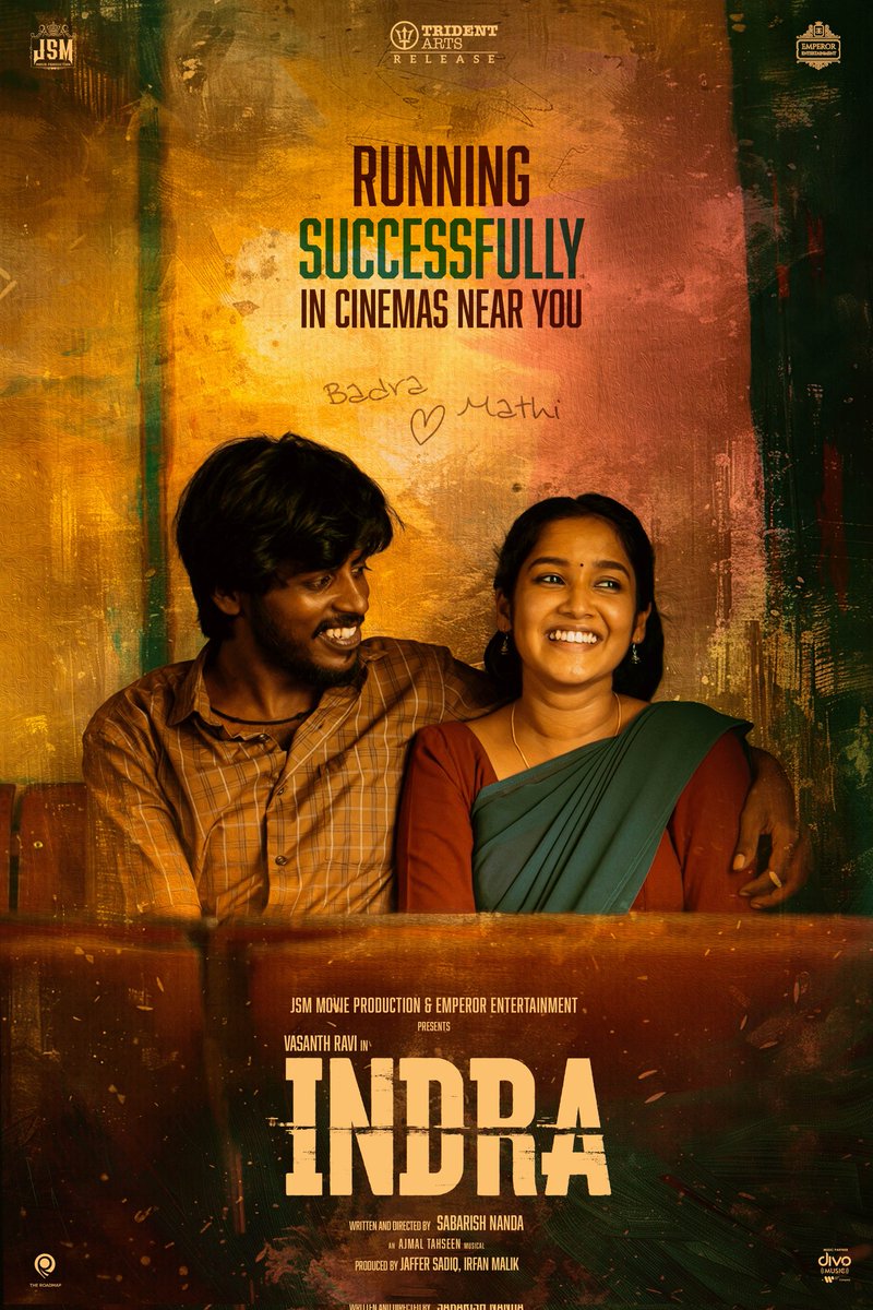Divo Music (@divomusicindia) on Twitter photo Badhra ♥ Mathi — a bond that lights up the screen ✨
Catch their story in #INDRA, running successfully in cinemas near you ♥️
<a href="/JSMMovieProdn/">JSM Movie Production</a> <a href="/EntEmperor/">Emperor Ent Official</a> <a href="/tridentartsoffl/">Trident Arts</a> <a href="/iamvasanthravi/">Vasanth Ravi</a> <a href="/suneeltollywood/">Suneel</a> #Moor <a href="/Mehreenpirzada/">Mehreen Pirzada👑</a> #AnikhaSurendaran <a href="/kayoas13/">kalyan dance choreographer</a> <a href="/rajNKPK/">Rajkumar Actor</a> <a href="/sabarish_nanda/">sabarish nanda</a> Badhra ♥ Mathi — a bond that lights up the screen ✨
Catch their story in #INDRA, running successfully in cinemas near you ♥️
<a href="/JSMMovieProdn/">JSM Movie Production</a> <a href="/EntEmperor/">Emperor Ent Official</a> <a href="/tridentartsoffl/">Trident Arts</a> <a href="/iamvasanthravi/">Vasanth Ravi</a> <a href="/suneeltollywood/">Suneel</a> #Moor <a href="/Mehreenpirzada/">Mehreen Pirzada👑</a> #AnikhaSurendaran <a href="/kayoas13/">kalyan dance choreographer</a> <a href="/rajNKPK/">Rajkumar Actor</a> <a href="/sabarish_nanda/">sabarish nanda</a>
