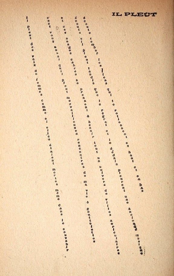 "It Rains" by French poet, playwright and novelist Guillaume Apollinaire born #onthisday in 1880.

From his posthumously published Calligrammes (1918), a collection of poems in which typeface + arrangement of words on the page add to their meanings: publicdomainreview.org/collection/apo… #otd