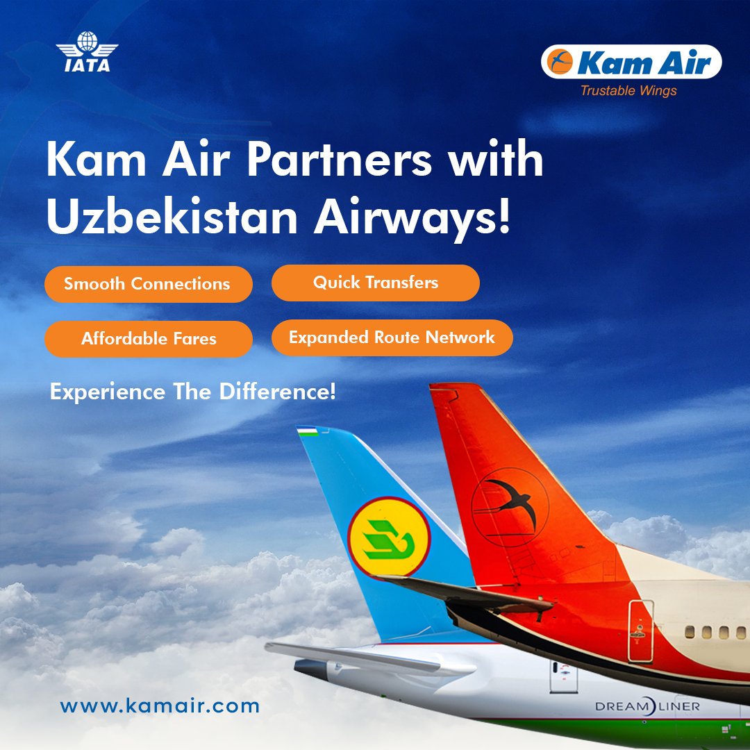 KamairRQ's tweet image. Great things happen when great airlines unite! ✈️ 
Kam Air is proud to partner with Uzbekistan Airways to bring you shorter transit times, reduced flight durations, and seamless connections across Asia, Europe, and the United States
#KamAir #UzbekistanAirways #TravelSmart