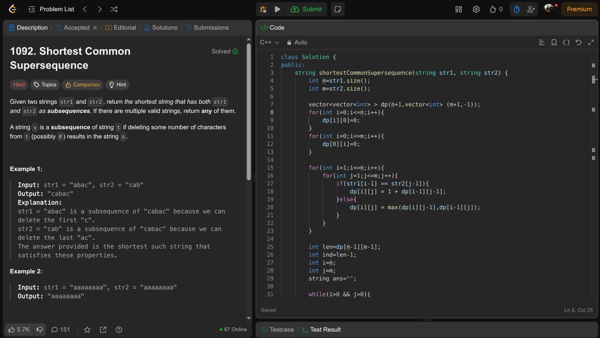 SainiAyush55396's tweet image. Leetcode 1092. Shortest Common Supersequence
Build LCS table to find overlaps
1️⃣ If chars match - extend sequence
2️⃣ If not - take max from left/top
3️⃣ Backtrack through DP table to build final supersequence
#DynamicProgramming #LearnInPublic #LeetCode